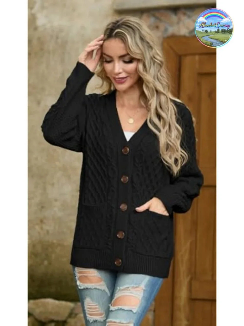 Cable Knit Chunky Cardigan Sweater with Pockets Button V-Neck